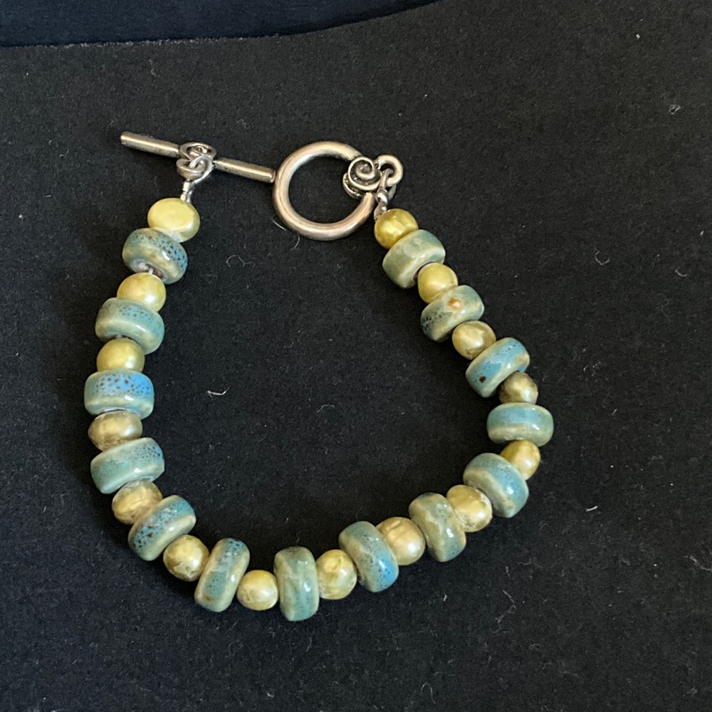 Handcrafted Green and Blue Ceramic Bead Bracelet with Toggle Clasp